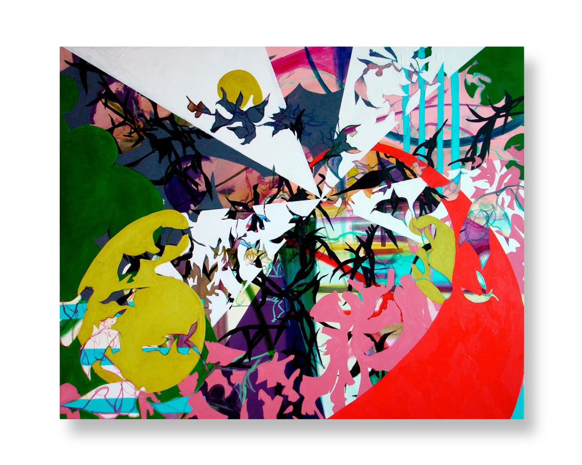 A square abstract art print featuring a vibrant collage of geometric shapes, silhouettes, and splashes of color including green, red, pink, yellow, black, and white, displayed against a clean white background.