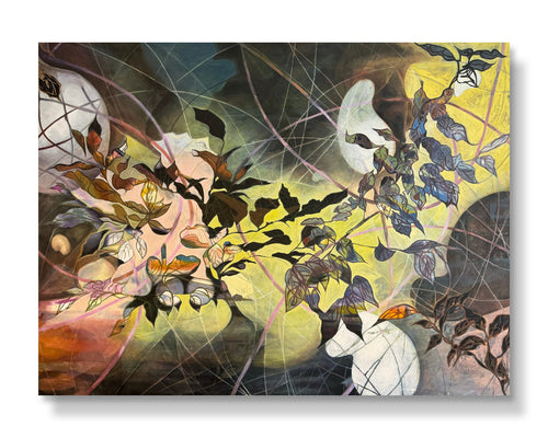 An abstract mixed-media painting on canvas featuring organic shapes, leaf-like branches, butterfly motifs, and intersecting linework in yellow, green, black, brown, white, and pink tones.