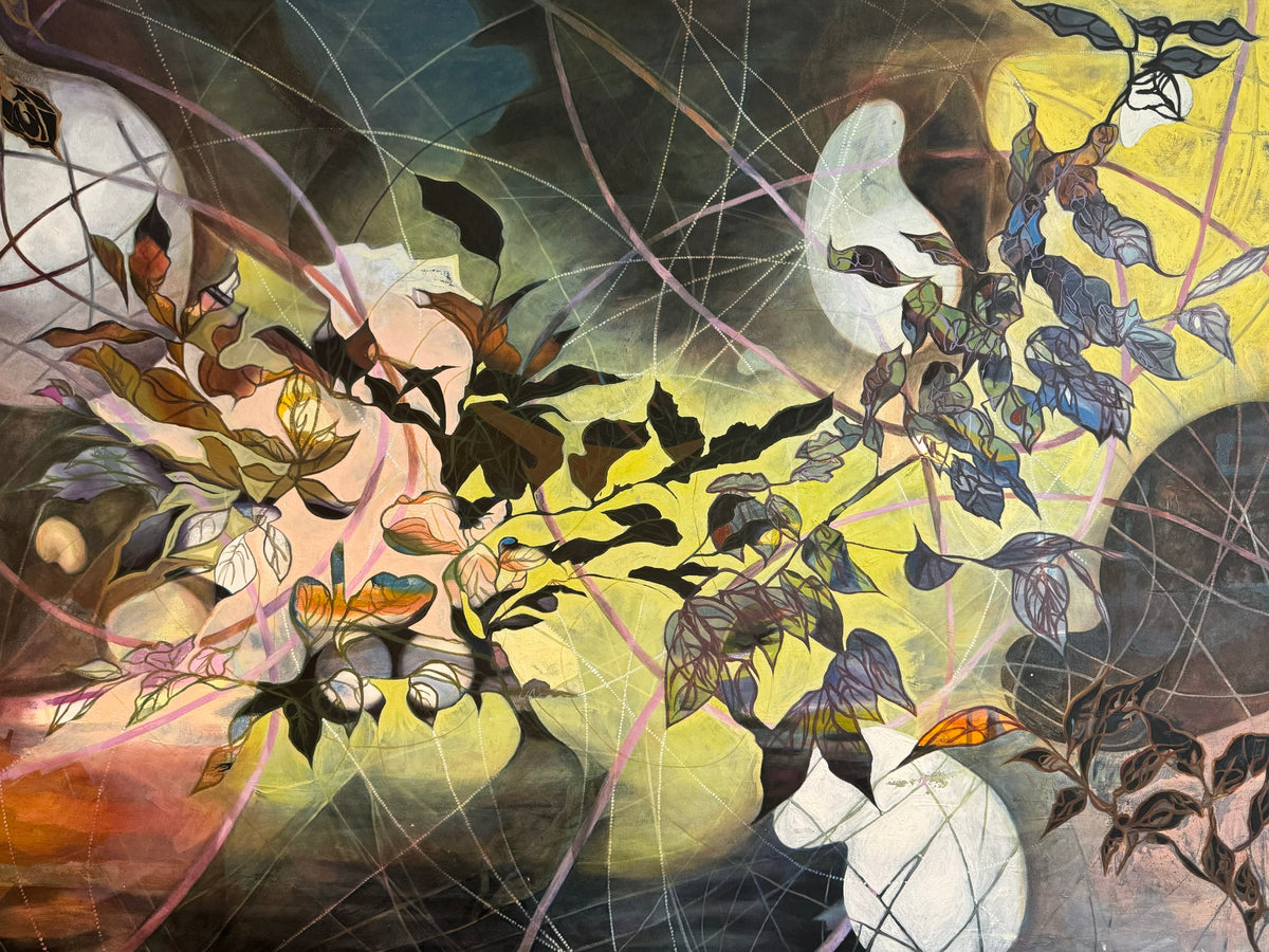 Abstract botanical artwork with layered leaves, branches, and organic shapes in dark green, black, cream, yellow, and muted orange, overlaid with fine sketch-like lines.