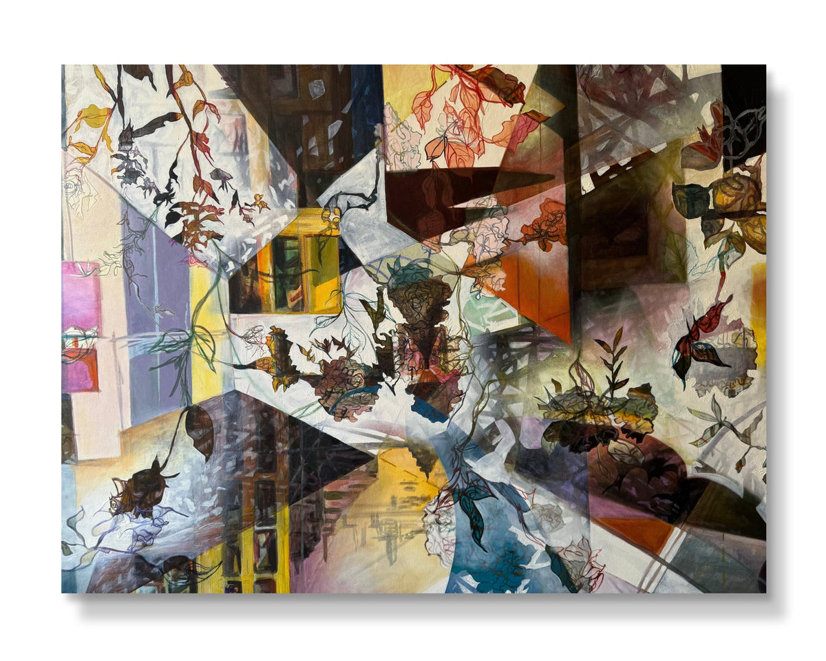 An abstract mixed-media collage painting featuring geometric shapes, botanical elements, and collage textures in a complex multicolor palette, presented on a white background with a soft drop shadow.