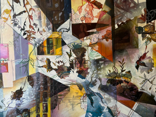An abstract mixed-media painting featuring a collage of floral elements, geometric shapes, and architectural forms in a complex multicolor palette of beige, brown, blue, yellow, and red.