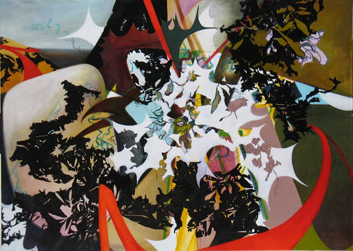 An abstract mixed-media painting featuring a complex collage of black silhouetted organic shapes, white splatters, flowing red ribbon-like lines, and patches of olive green, beige, yellow, and pink.