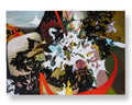 An abstract mixed-media painting on a rectangular canvas, featuring bold black silhouettes, organic white shapes, sweeping red curves, and earthy olive and tan tones, shown against a plain white background with a soft drop shadow.