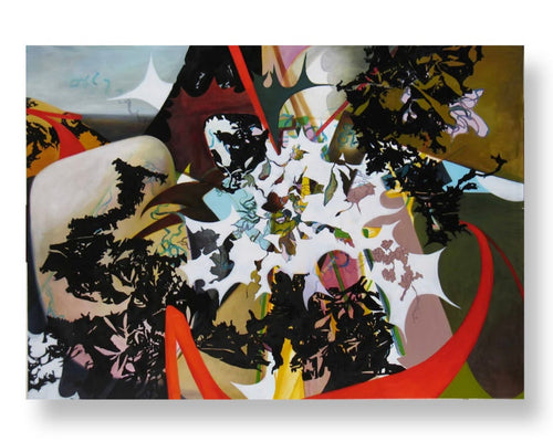 An abstract mixed-media painting on a rectangular canvas, featuring bold black silhouettes, organic white shapes, sweeping red curves, and earthy olive and tan tones, shown against a plain white background with a soft drop shadow.