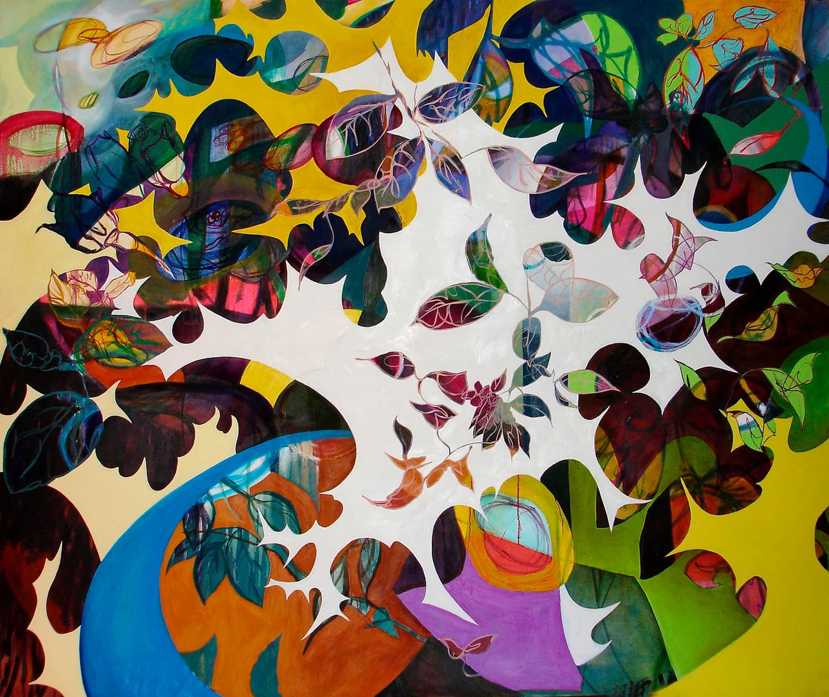 Abstract painting with layered organic leaf-like shapes and curved forms in yellow, green, blue, purple, orange, pink, and black on a light cream background.
