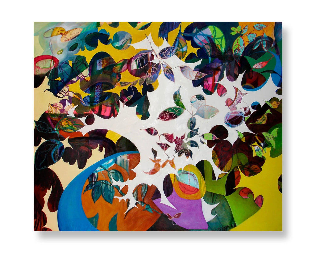 An abstract canvas art print featuring a vibrant collage of organic shapes, leaves, and splashes in yellow, green, blue, purple, orange, and black on a white background.