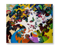 An abstract canvas art print featuring a vibrant collage of organic shapes, leaves, and splashes in yellow, green, blue, purple, orange, and black on a white background.