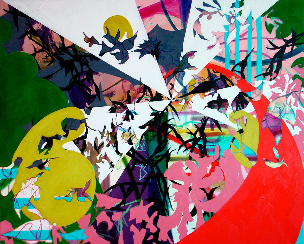 A vibrant abstract painting featuring a complex collage of geometric shapes, silhouettes, and organic forms in red, pink, yellow, green, blue, purple, and white.