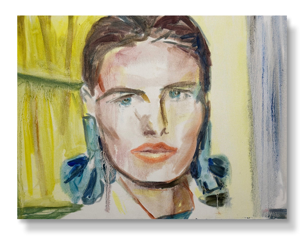 A square watercolor portrait painting of a woman's face with blue earrings, shown against a light background with a drop shadow.